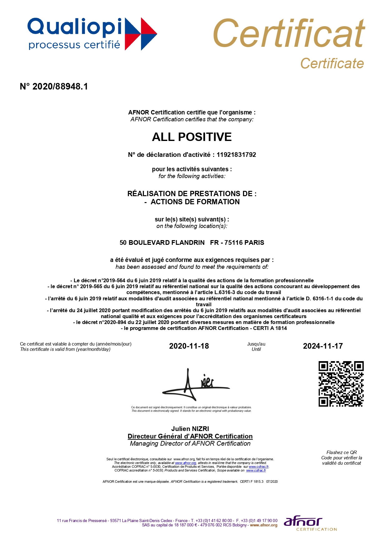 certificat-all-positive-Qualiopi-Afnor
